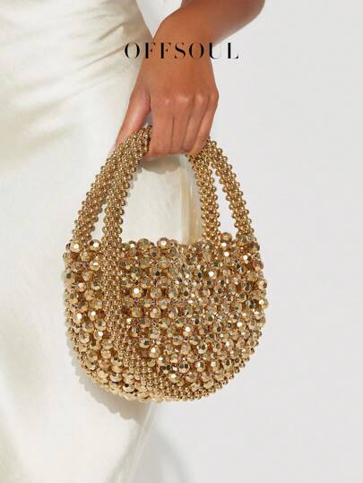 French Elegant Hollow Metallic Beaded Woven Pearl Round Handle Bag, Shiny Glamorous Shoulder Bag Suitable For Party, Wedding, Banquet, Clutch Bag For Wedding , Gifts For Women, Pearl Bag