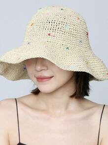 1pc Women's Handmade Straw Sun Hat, Foldable Wide Brim Bucket Hat For Outdoor, Beach, Vacation