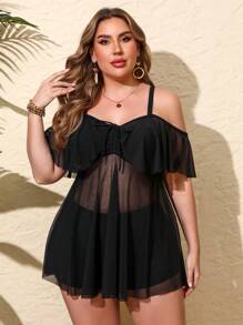 Women's Plus Size Vacation Summer Beach Front Drawstring Mesh Skirt Tankini Set