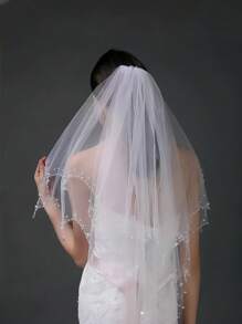 1pc White Waist & Hip Veil With Multi-Layer Handmade Beaded Embroidered Details, Water-Drop Rhinestone Design, Bridal Veil, Dual-Layer Net Veil With Bead Headpiece, Suitable For Wedding, Banquet, Performance, Cosplay, Photography Props, Elegant Retro Style With Comb Fall Clothes For Women - Multicolor - View 10