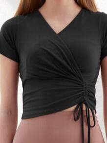 Women's Fitness Crop Top Tee, Funny Graphic T-Shirt, Black Short Workout Top, Fashion Tie-Front Cardigan, Yoga Activewear - Black - View 4