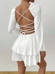 1 Peça Vestido com Mangas de Lanterna Decotado nas Costas e Amarração, Macacão Plissado Elegante Adequado para Bar, Festa, Casa