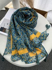 1pc Spring/Autumn Floral Print Tassel Scarf/Beach Towel - Yellow - View 2