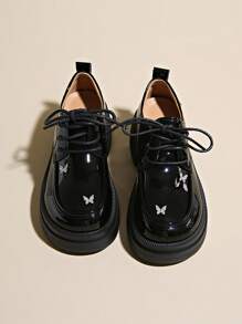 Women's High Heel Chunky Platform Loafers, Black Patent Leather Classic Timeless Butterfly Decor, Anti-Slip Thick-Soled Elevator Shoes - Black - View 5