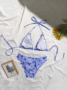 2pcs Lemon Yellow Plaid Print With Red Bow Swimwear Set, Removable Swimwear Pads, Beach Vacation Outfits, Swimsuit, Summer Dresses For Women, Summer Clothes Women, Festival, Ibiza Outfits, Swimwear Women, Bikini Set, Swimming Costume Women, Beach Wear Women, Holiday Coord, Beach Dress, Bikinis For Women Sets - Blue Purple - View 4