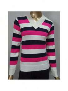 Women's Cold Weather Blouse | Women's Striped Long Sleeve Blouse | Striped V-Neck Blouse | Stripes - 奶油色 - 查看 4