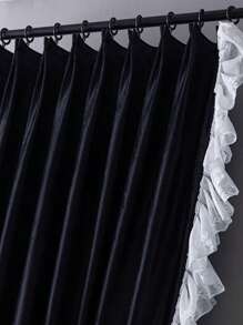 1 pieza Cortina premium de terciopelo negro con borde de encaje, elegante para villa, casa, sala de estar, decoración de dormitorio