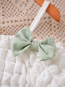Young Girl Summer Bow Decor White Off Shoulder Patchwork Chiffon Mini Dress - Green - View 4