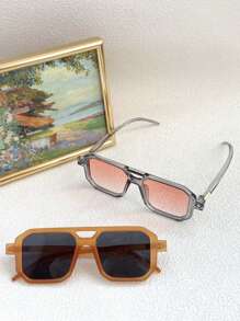 2 件装撞色双桥方形框架时尚眼镜，女士适用