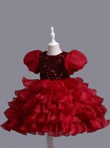 Nuevo diseño de pastel Vestido de tutú para niñas, Vestido de princesa con lentejuelas para dama de honor en cumpleaños, actuación de danza + diadema (Proceso de fabricación normal con agujeros de posicionamiento en el forro interior de la falda del vestido; Elija el tamaño según la medida del busto)