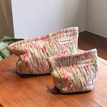 1pc Pink Tulip Pattern Makeup Bag, Large Capacity Skincare Storage Cosmetic Organizer Pouch For Women