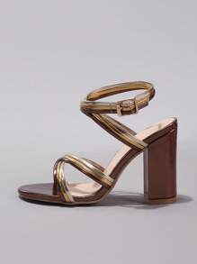 女士亮面 PU 交叉带高跟凉鞋，圆头休闲优雅性感派对舞蹈粗跟凉鞋，2025 年夏季新款 - 銅色 - 查看 9