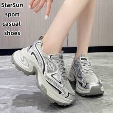 Women's Spring/Autumn New Casual Chunky Sneakers, Mesh Breathable Platform Wedge Heel Comfortable Lace-Up Lightweight Versatile Fashion Sneakers, White/Gray, Suitable For All Seasons - Grey - View 12