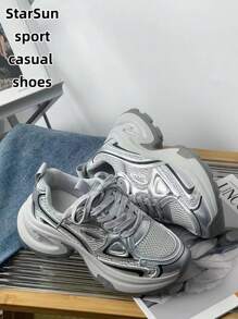 Women's Spring/Autumn New Casual Chunky Sneakers, Mesh Breathable Platform Wedge Heel Comfortable Lace-Up Lightweight Versatile Fashion Sneakers, White/Gray, Suitable For All Seasons - Grey - View 3