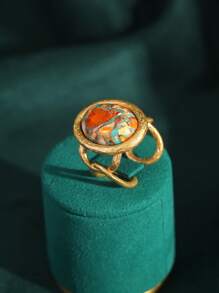 Juego de joyas vintage chapado en oro de 18 quilates con collar, aretes y anillo con diseño bohemio de conchas, mapa náutico y colorido