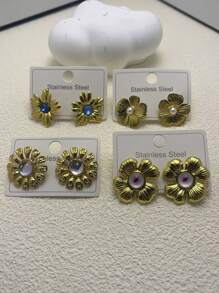 1 Pair/4 Pairs Retro Exaggerated Geometric Metallic Flower Earrings, Unique Minimalist Style Elegant Ear Studs
