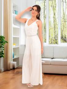 Jumpsuit de pierna ancha de hombros con cordón bajo con fruncido - Blanco - Ver 6