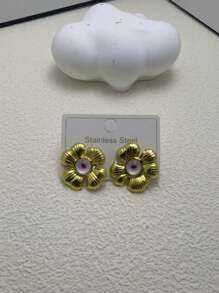 1 Pair/4 Pairs Retro Exaggerated Geometric Metallic Flower Earrings, Unique Minimalist Style Elegant Ear Studs