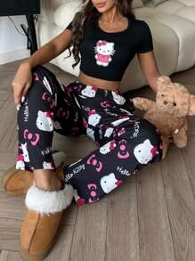 مجموعة بيجامة ملابس علوية كم قصير مطبوع عليه كيتي + سروال إيلاستيك الخصر 2 قطعة - مشاهدة 1