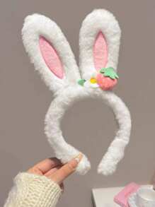 1 pieza Diadema de orejas de conejo y fresa linda de peluche para niños, accesorio para el cabello con aro para el cabello y el rostro, lindo para niñas