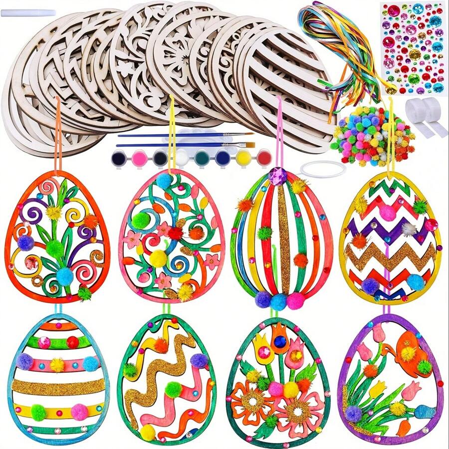 Easter DIY Wooden Egg Craft Kit - Paint Your Own Holiday Decorations, Suitable For Spring Classroom Activities And Home Decoration - Multicolor - View 1