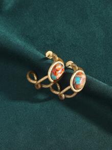 Juego de joyas vintage chapado en oro de 18 quilates con collar, aretes y anillo con diseño bohemio de conchas, mapa náutico y colorido