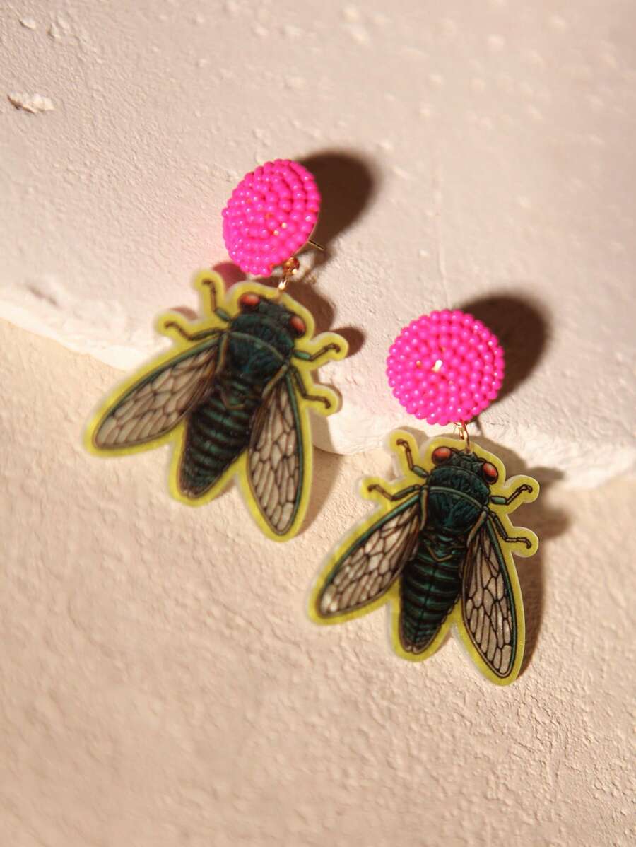 Pink Snail 有趣可爱的手工种子珠耳钉，创意卡通卡哇伊耳环，时尚珠宝，蝉动物爱好者丙烯酸树脂吊坠耳环，适合女士、女孩、夏季冬季假期海滩派对、送给她的礼物、情侣、复活节礼物 - 金蟬 - 查看 1