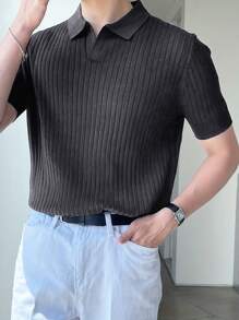 男士短袖针织 Polo 衫翻领竖条纹设计舒适柔软面料休闲日常穿着夏季时尚男装百搭时尚 Polo 衫 - 深灰色 - 查看 7