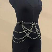 1pc Women Leather Five-Pointed Star Chain Waist Belt/Chain - Black - View 2