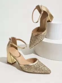 New Gold Hollow Pointed Toe Chunky High Heel Glitter Women Pumps - Gold - View 5