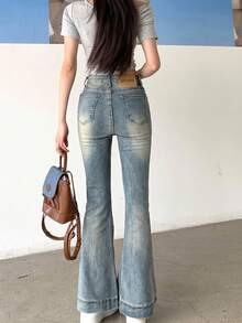 Blue Stretch Denim Flared Jeans For Women, Skinny Fit Long Pants, Slimming