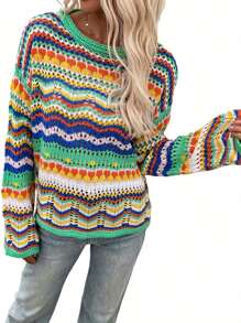 Women Loose Style Sweater, Variegated Color Long Flared Sleeves Round Collar Knitwear, S/ M/ L/ XL - 白色 - 查看 1