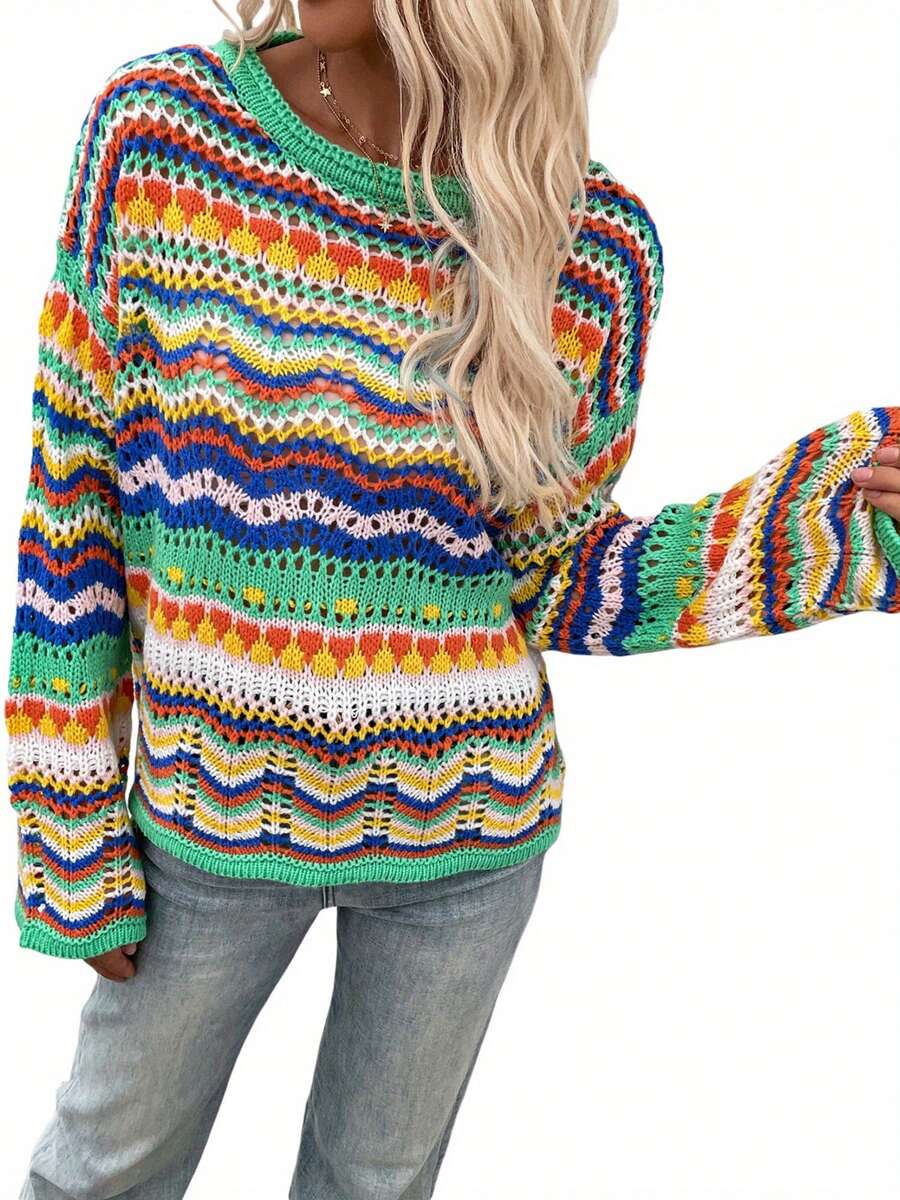 Women Loose Style Sweater, Variegated Color Long Flared Sleeves Round Collar Knitwear, S/ M/ L/ XL - 白色 - 查看 1