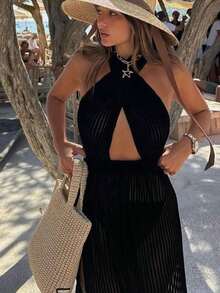 女士超长吊带连衣裙，休闲时尚，适合日常穿着及度假海滩活动 - 黑色 - 查看 5