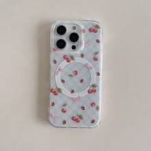 Blue Plaid Red Cherry Double Layer Magnetic Print Phone Case Compatible With IPhone 16 Pro Max/15 Pro Max/14 Pro/13 Pro/13