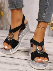 2025 夏季新款休闲凉鞋，厚底时尚金属扣装饰凉鞋，仿麻绳浅底，露趾松紧带凉鞋 - 黑色 - 查看 6