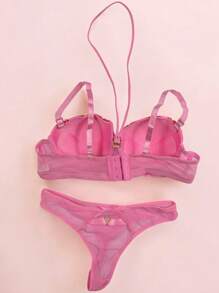 Beautiful Bra And Thong Set With Details In Mesh Fabric With Metal Appliqués, Sexy Lingerie, Various Colors, Comfortable And Of The Best Quality, Soft And Comfortable, To Show Off That Incredible Body. - 粉色 - 查看 2