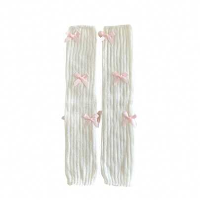 Women Knit Leg Warmers Harajuku Bow Decor Solid Color Long Socks Vintage Grunge Streetwear For Winter