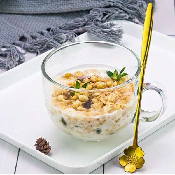1pc High Capacity Transparent Glass Breakfast Cup With Handle, Large Belly Design For Milk, Coffee, Oatmeal, Yogurt