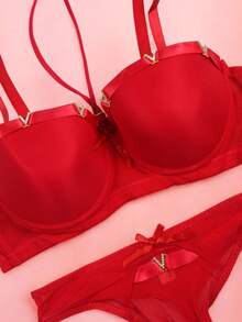 Beautiful Bra And Thong Set With Details In Mesh Fabric With Metal Appliqués, Sexy Lingerie, Various Colors, Comfortable And Of The Best Quality, Soft And Comfortable, To Show Off That Incredible Body. - 紅色 - 查看 2