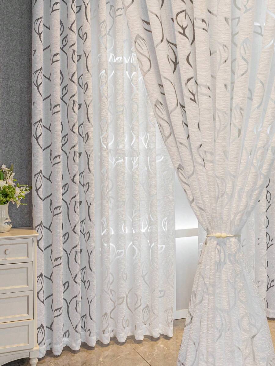 1 件镂空树叶图案薄纱窗帘，灰色、白色、卡其色、红色，半遮光，轻质薄纱窗帘，适用于客厅、卧室、家居装饰 - 白色 - 查看 1