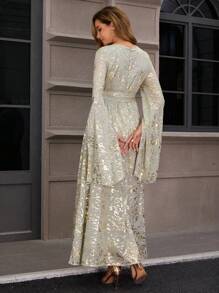 Women's Muslim Robe Ramadan Eid Party Robe Chiffon Gilded Flowers Embroidery Gold Lace Long Sleeve Floor Length Dress (With Belt) - Green - View 2