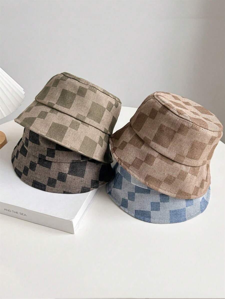 1pc Korean Style New Contrast Color Plaid Fashionable Bucket Hat, Casual Versatile Sun Protection Bucket Hat, Stylish Japanese Design - Multicolor - View 1