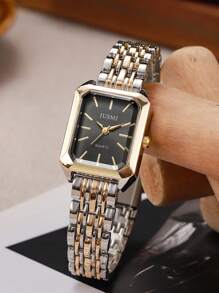 1pc Women's Fashion Alloy Steel Band Wrist Watch With Decorative Rectangular Dial, Minimalist Design Suitable For Daily Wear - Black - View 8