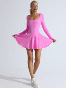 TCVC Women's Seamless Knitted Sports Pocket Dress, Solid Color Cross Back, Long Sleeve Square Neck Tennis Dress For Indoor And Outdoor Sports, Yoga, Skin-Friendly Fabric, Slim Fit For Figure Shaping