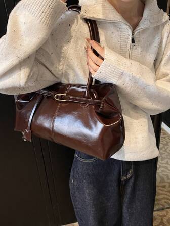 1pc Women's High-Capacity Tote Handbags Female Pu Leather Shoulder Bags Handbag Bags For Girl Casual Classic Simple Designer Business Style Bag Fashion Lady Commute Handbags Commuting To Work Black White Brown Silver , Old Money