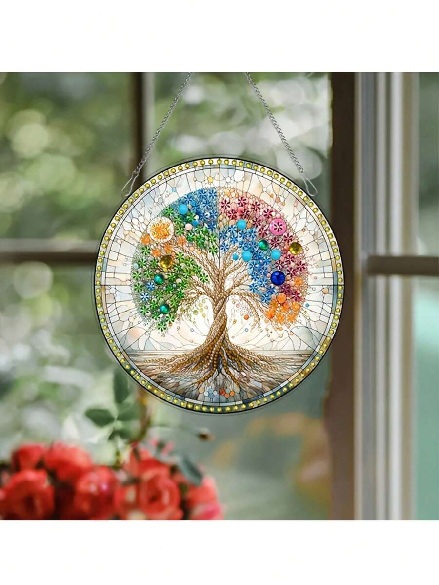 DIY 钻石画套件、不对称形状钻石装饰、亚克力吊坠、季节性树木设计