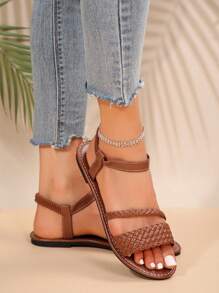 Plus size vävda platta sandaler för kvinnor, europeisk och amerikansk stil, strandtofflor för damer sommar - Brun - Visa 2