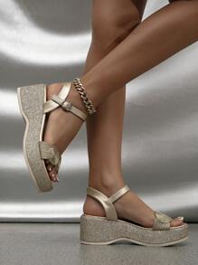 Women's Round Toe Platform Thick Bottom Sandals, Woven Embroidery Wedge Sole Shoes, Roman Sandals, Refreshing Vacation Beach Shoes