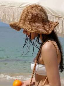 1pc Versatile Foldable Straw Hat, Women Summer Outdoor Sun Protection Hat, Korean Style Vacation Beach Hat, Fashionable - Khaki - View 2